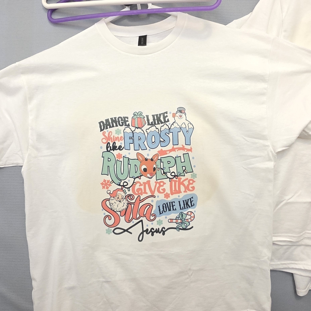 Festive White Christmas Shirt with Rudolph, Frosty And Santa Print